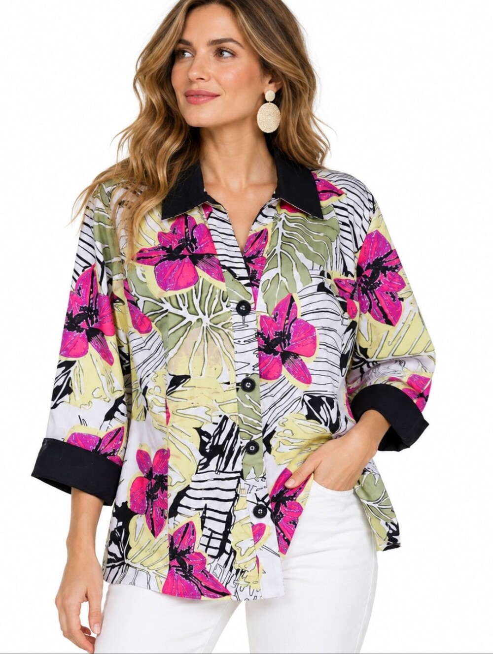 Zozo Artsy Button Up Top 2X Floral Pink Contrast Flip Cuff Relaxed‎ Tropical